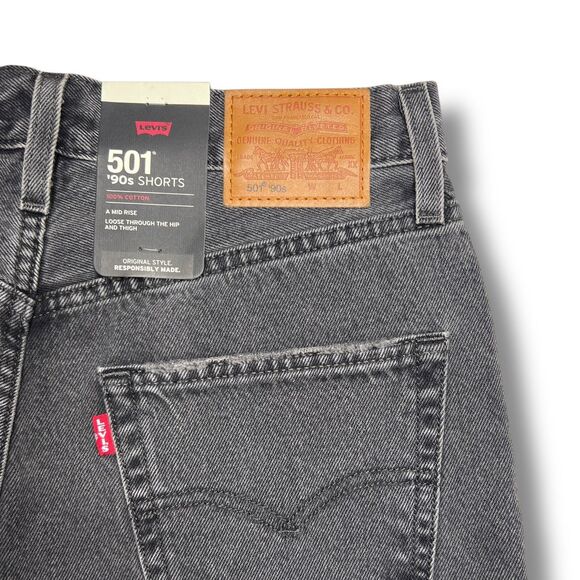 Levis Premium Womens 501 90s Denim Jean Shorts Mid Thigh Rise Long Black Gray - Picture 11 of 16